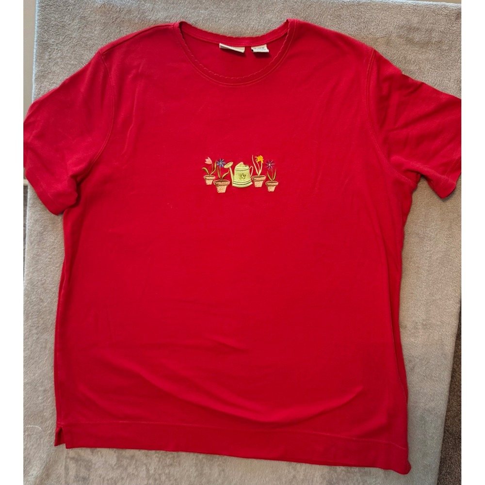 Classic Elements Red Embroidered Garden Flower T-Shirt Women 16/18W Short Sleeve